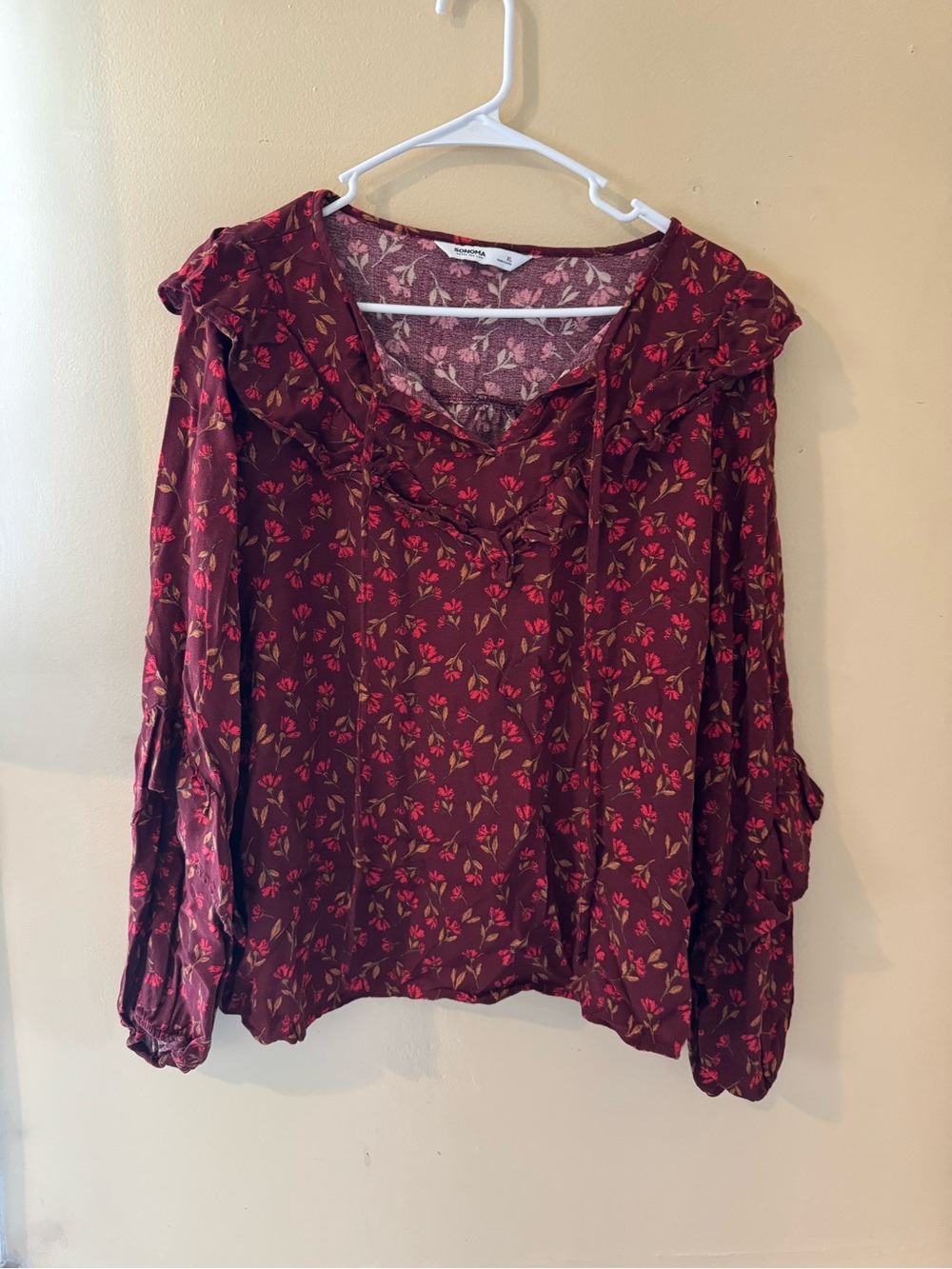 🎄5 for $20 Sonoma Women’s Burgundy Floral Ruffle Blouse Long Sleeve XL